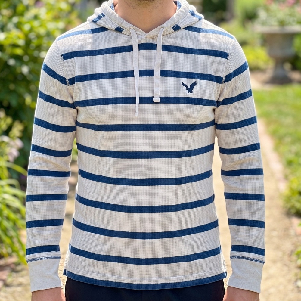 American Eagle Outfitters Mens Striped Waffle Knit Thermal Hoodie Navy Cream